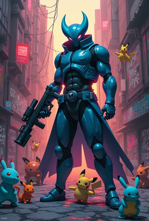 Ultra detailed Mewtwo Cyber poster with airsoft replica and several pokemon in the background with graffiti inscription "Putain de 1312"