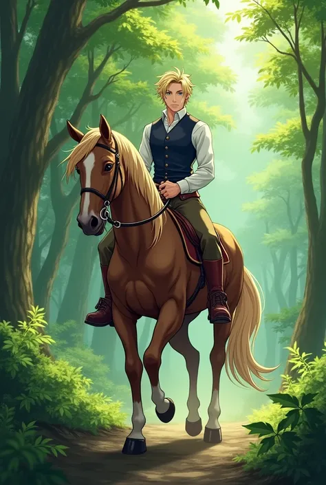 Anime prince , blond hair , blue eyes,camisa blanca, brown pants , mens high boots ,dark blue vest, riding a brown horse in the woods