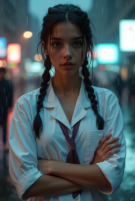 School Girl outside in white forck and color tie , caught in a downpout, raining, drenched, soaked, wet clothes, dishevelled,oil covered clothes,  wet skin and braided hair, posing, cold grey light, symmetric, pornographic, photographic quality, masterpiec...