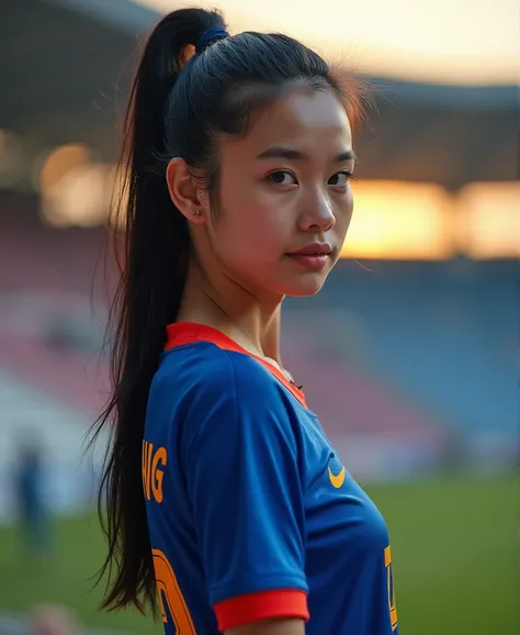 ผู้หญิงชาวเอเชียมี of glowing Potchland skin,  Looking straight at the viewer ,  glazed tile skin ,  Strong abdominal muscles ,  glowing skin  , Beautiful eyes ,  has a chest size of 38 inches  ,   in a bright dark blue national team football jersey with g...