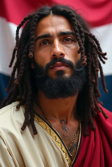  Jesus Christ born in the Middle East with hair with some subtle dreads and with features distant from the European one .   More faithful to his real place of birth and with a flag that represents the trans movement in the background of his image.
 You sho...