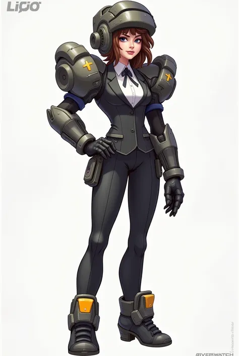 Caricature of a woman in a suit and a giant helmet, Overwatch角色 concept art, Overwatch设计,  Overwatch风格 , junker queen 来自 Overwatch, 来自 Overwatch, Overwatch 启发, as an Overwatch角色, echo 来自 Overwatch, 《Overwatch》skin, Overwatch角色,  Lucio as a female, Whole bo...