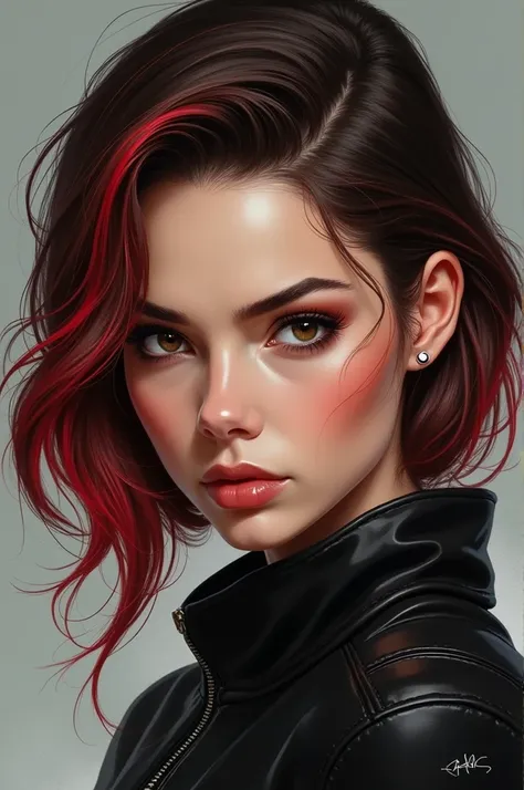 Create an image from a Marvel drawing of a brunette girl with red hair and a cold look