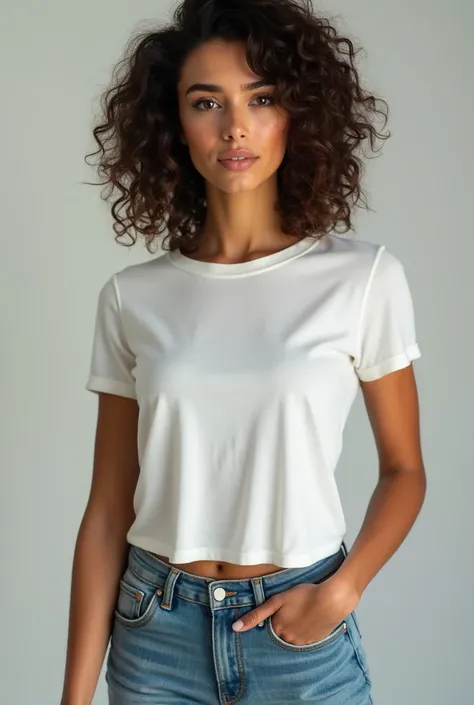 a woman,  with curly hair ,  Light brown eyes ,  light brown skin, a tight body , wearing denim pants , A white t-shirt off the pants..