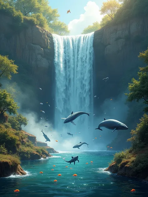 Create a lively landscape of waterfall and fish and whales and dolphins swimming