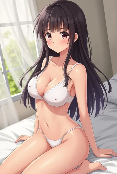 Hinata Hyugaa , deitada numa white bed, white bed,  completely naked , beautiful eyes,  detailed eyes , in the afternoon, pose sexy,  looking forward , corpo sexy, beautiful thighs, Abdulently large breasts ,  realistic and pink nipples