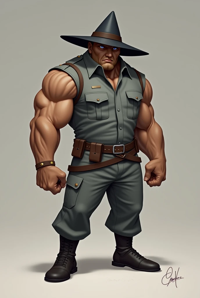  Robust male funco style character with plain gray military uniform, tes morena, black triangular hat  