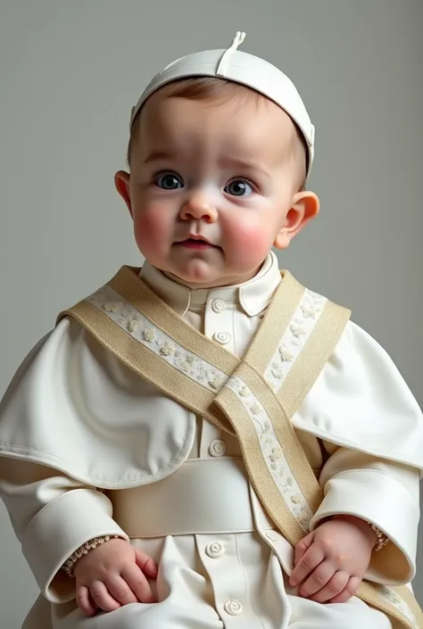  An ultra realistic photo of a baby dressed as Pope Francis,  he looks a lot like the Pope , the same clothes and face 