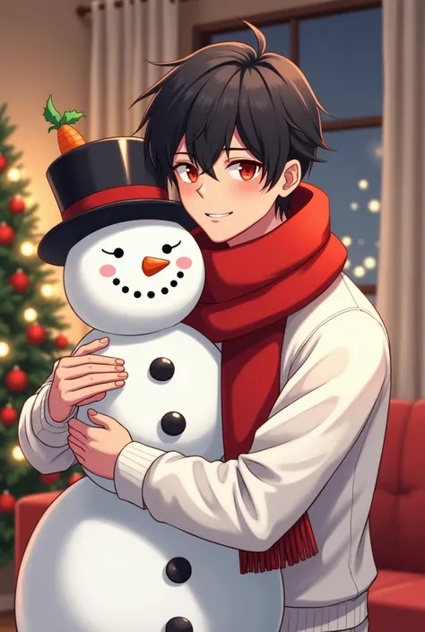  A slightly athletic tall man with short black hair lined with a white tuft on the fringe and ruby red eyes ,  wearing white turtleneck fleece shirt with stitched black buttons ,  white pants and a huge red scarf with a black hat on his head with a carrot ...