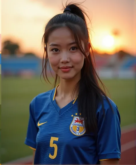 , an Asian woman , มี of glowing Potchland skin, Intentionally looking straight at the viewer ,  glazed tile skin ,  Strong abdominal muscles ,  glowing skin  , Beautiful eyes ,  has a chest size of 38 inches  ,   in a bright dark blue national team footba...