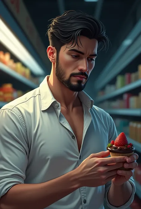 a handsome young boy with black short beard at a supermarket.  he is buying a chocolate coated strawberry cup. he looking at it . he wears white shirt.  shirt is wet. environment is rather dark