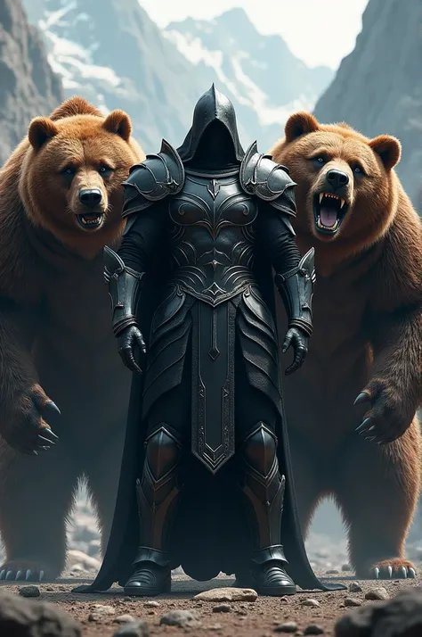 The man wearing black armor next to the 2 monster bears was walking