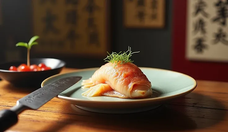 An elegant plate showcasing a Japanese pufferfish (fugu) delicately prepared, with warning signs in the background, symbolizing its toxicity. A sharp chef knife and a traditional Japanese setting."