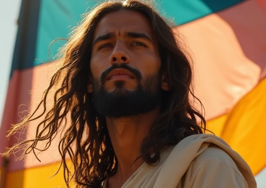  Jesus Christ born in the Middle East with hair with some subtle dreads and with features distant from the European one .   More faithful to his real place of birth and with a flag that represents the trans movement in the background of his image.
 You sho...