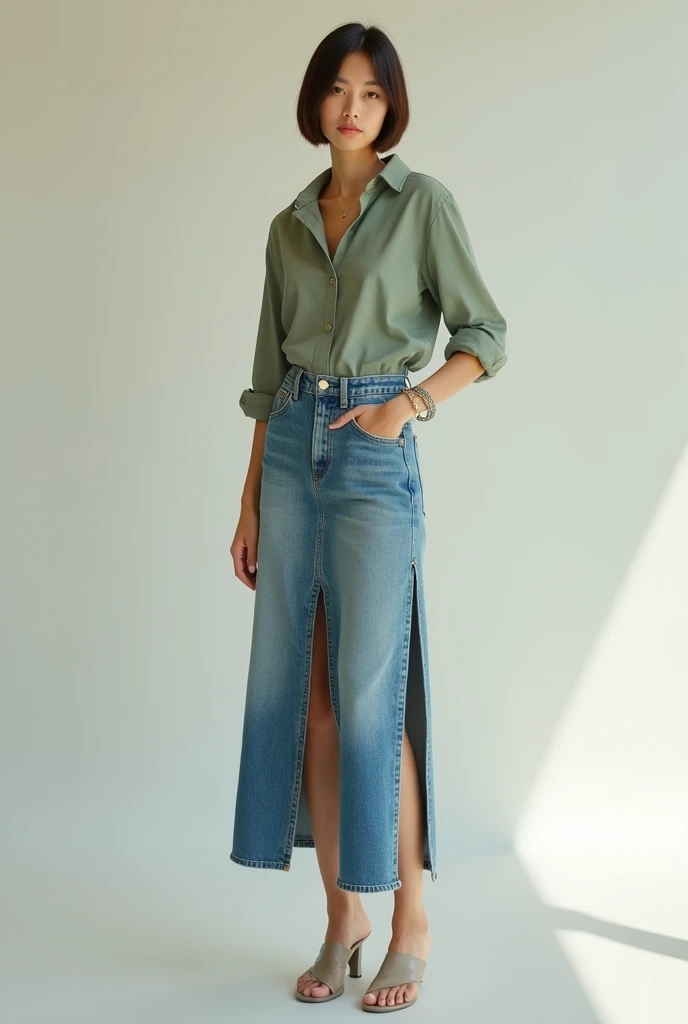 young woman wearing a long sage colored shirt and jeans skirt with a slit on the left side, short hair and wearing a titanium bracelet on her left hand