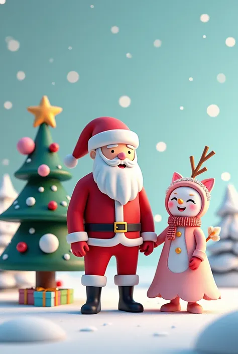 number 1 type place with a modern theme background with Santa Claus Snow Maiden snowman Christmas tree decorated with tinsel and balloons 