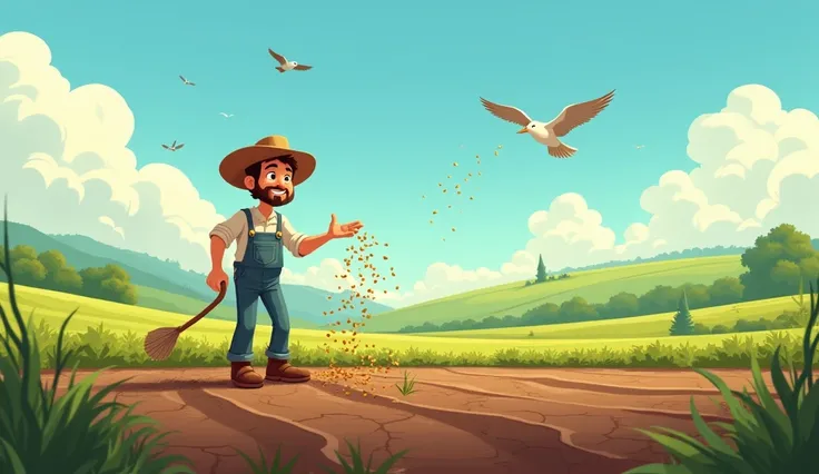 A farmer is sowing seeds in his field after plowing it now he is happy generate through graphics animation cartoons