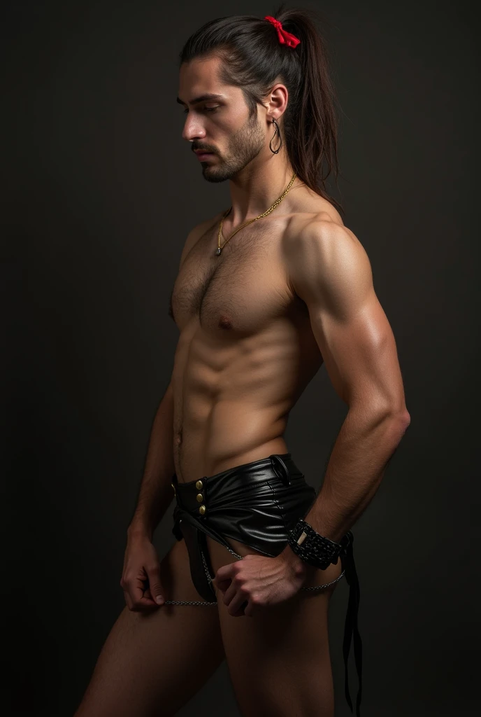 He Is a soft body young mature man who loves bdsm.,erotic soft body male figure,Hair tied up in apony tail with a red ribbon, wearing bkack latex bunny coatume, dark atmosphere,bondage props,leather clothing,fetish aesthetics,sensual poses,dominance and su...