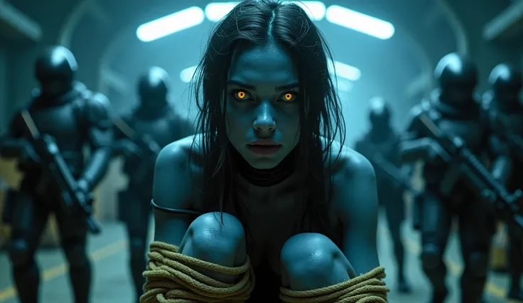 "An alien beautiful attractive wounded woman with glowing amber eyes and deep blue skin in the foreground. Her knees, her wrists and torso are bound with rough, golden ropes and she is injured. Her expression conveys a mixture of fear, defiance and weaknes...