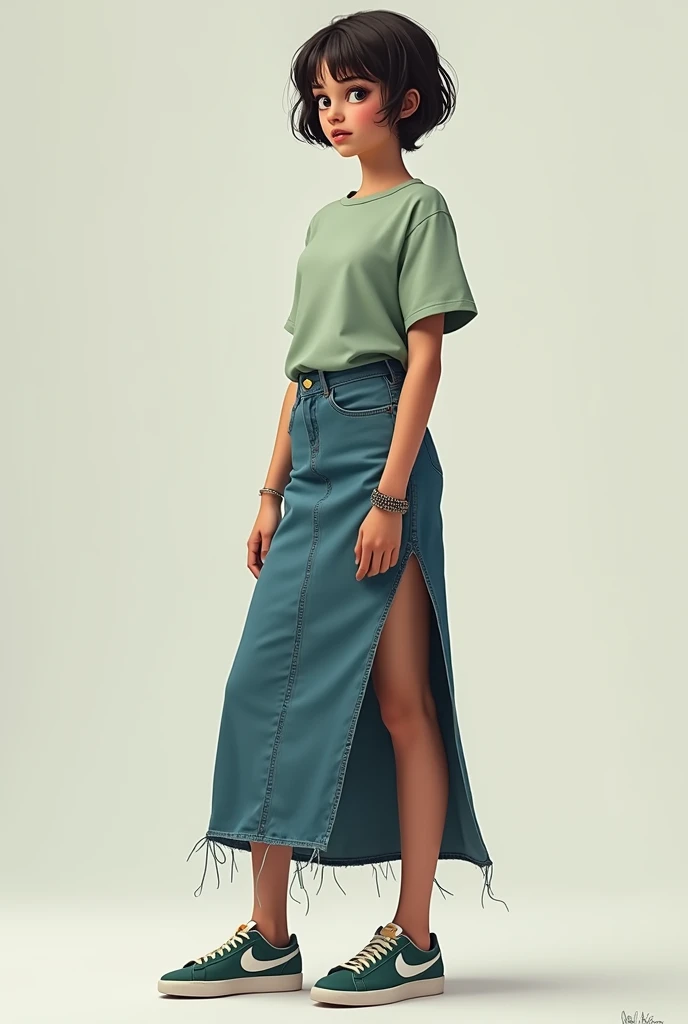 young woman wearing a long sage colored shirt and jeans skirt with a slit on the left side, short hair and wearing a titanium bracelet on her left hand, and use nike blazer shoes (make this pict like animation)