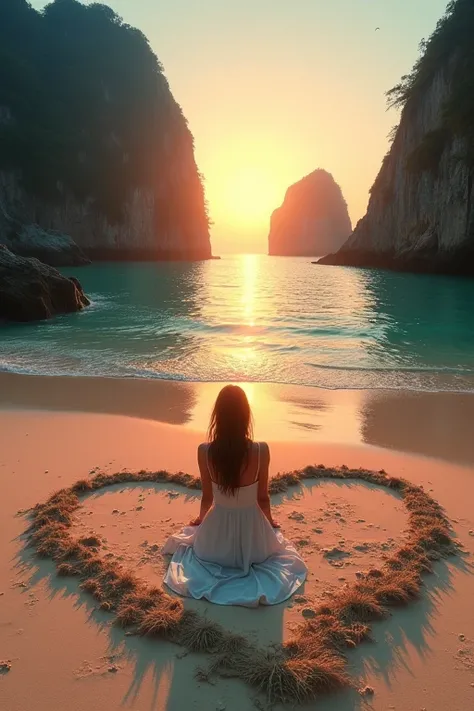 The sun has risen and casts its sunrise light at the picturesque beach of Koh Yao Noi island, ((a woman wearing a wonderful simple long summer dress sits in the middle of a giant heart that is drawn in the sand)), on the beach, Joy surrounds her from every...