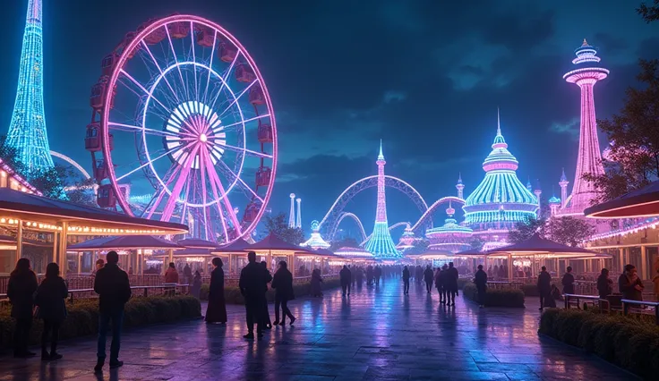 An amusement park at night where the rides are lit with bright holograms instead of traditional lights.