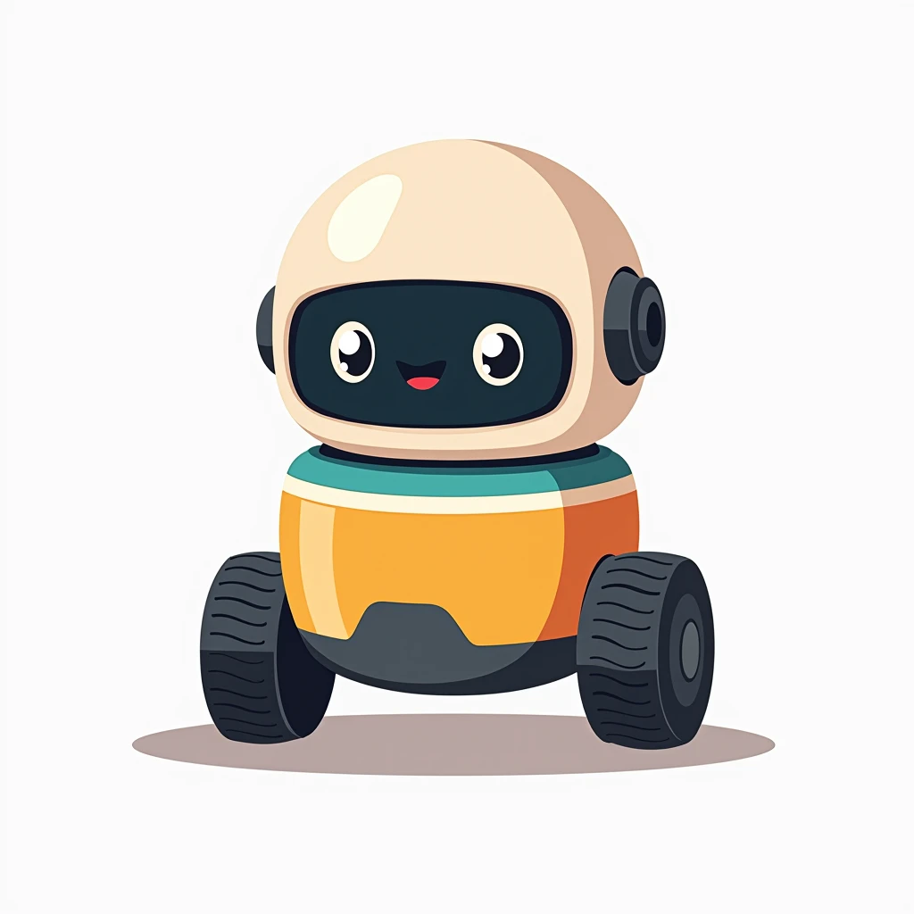 "Vector illustration of a -friendly explorer robot named Rover. The robots body is a sphere with a colorful band around it and a large, friendly eye on the front. The illustration style is simple and clean, with solid colors and well-defined lines. The bac...