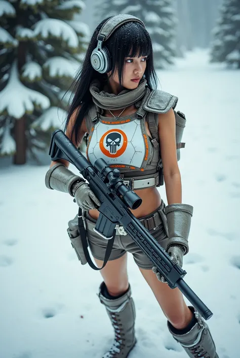 view from above, full body shot of A beautiful sexy buxom Japanese woman with waist-length black hair, with a large headset, dressed in a futuristic warrior costume with a white steel plate decorated with an orange with a black skull logo in the middle, sh...