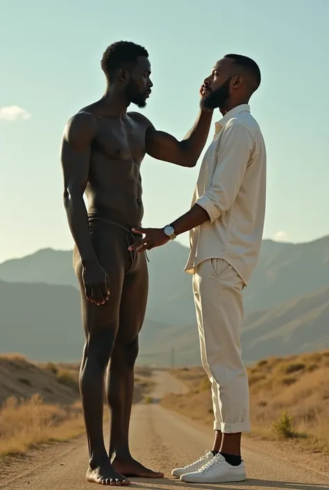 a black person in four slave mode ,  with a white person resting his foot on his back and with a posture of glory , In the background, a landscape with clear skies and sunlight, people acting as if they were in the apocalypse, but in truth they are in a pe...