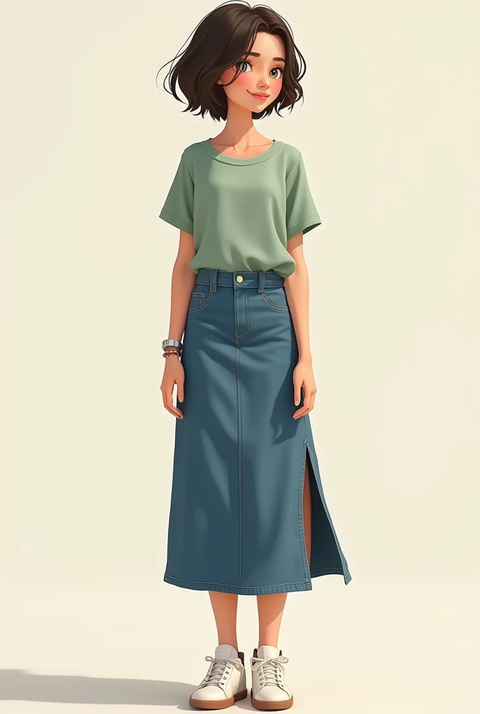 young woman wearing a long sage color shirt and jeans skirt with a slit on the left side, short hair and wearing a small titanium bracelet on her left hand, wearing white Nike blazer shoes and she has a cheerful smile (make this a beautiful animation)