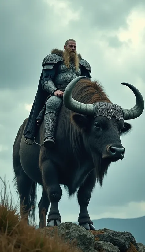 "A massive Viking warrior with long blond hair and beard, sitting atop a massive Highland bull towering over the rugged terrain. The bull is massive, with enormous curved horns and detailed, crafted metal armor with intricate Celtic patterns. The Viking we...