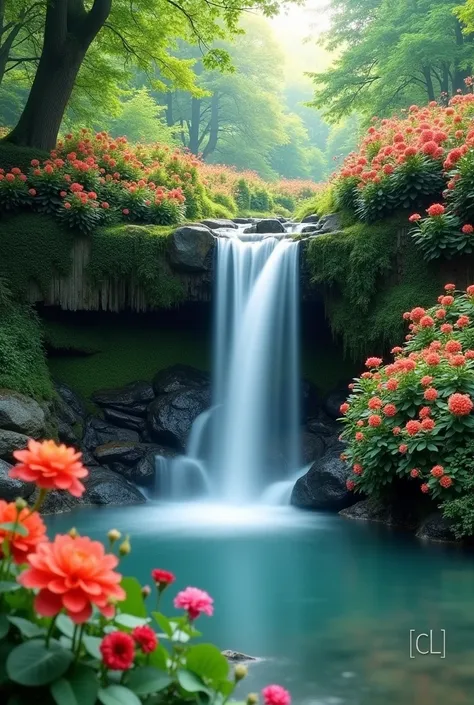 Create an image of a TCL wallpaper. It must contain a natural waterfall in front of a flowery garden of many colors of flowers. The resolution should be 720 x 1280 pixels.It should contain the text TCL on the bottom right corner of it with a bold font and ...