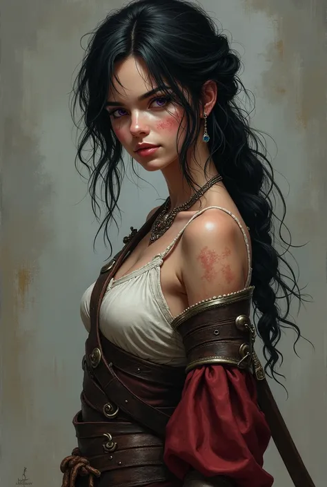 a young woman of nineteen years old . has 1,75 inches tall,  with birthmarks on her body and face ,  with messy black hair up to her shoulders , purple eyes,  has an athletic and strong body thanks to years of training, Wear medieval mens clothing when out...