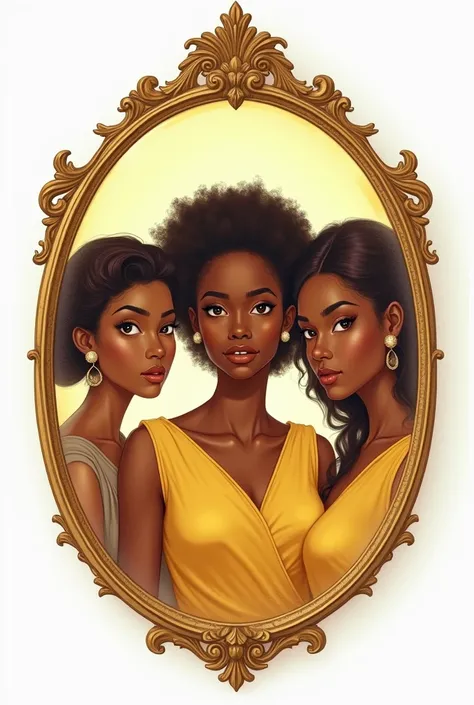 Create a yellowish drawing of a vintage mirror.  In the reflection 3 women with different ethnicities on a white background 