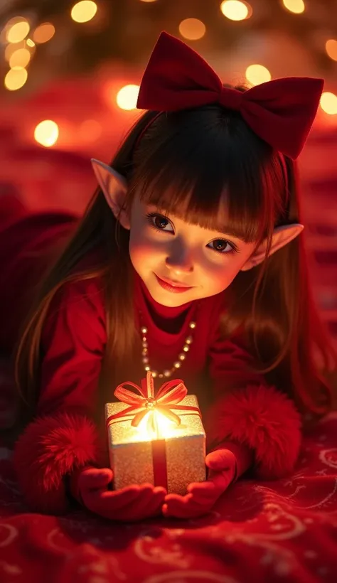  an aesthetic photograph of an elf girl lying down ,  holding a little golden gift box,  with long straight mahogany hair with bangs , Red clothing v ,  RED FUR JACKET coat  , gloves suit  ,  chockingsun big red bow on her head  ,  Christmas lights on the ...