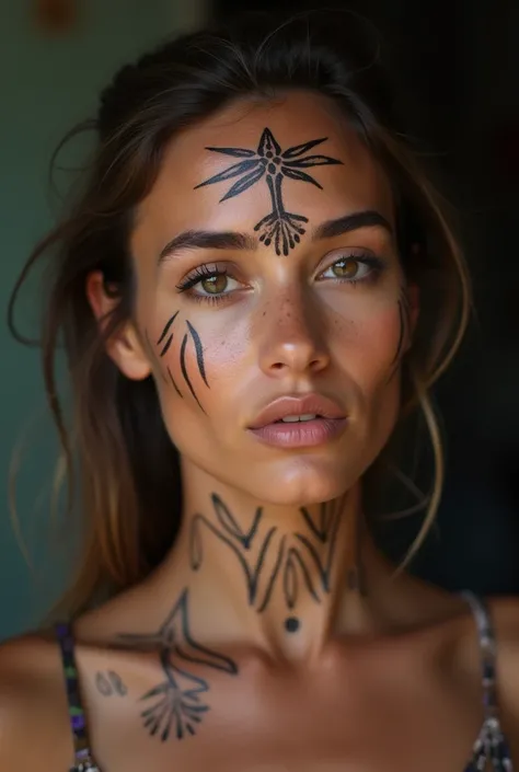 there is a woman with a tattoo on her face posing for a picture, wearing shipibo tattoos, profile image, markings on her face, 30-year-old woman from cuba, imane anys, malika favre, looks like fabiula nascimento, blue symmetric eyes 24yo, with brown skin, ...