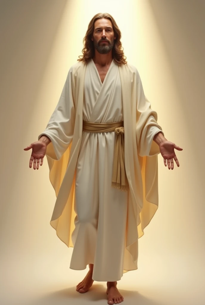 Create an image of Jesus from the front,  with a full body,  with a serene and welcoming expression .  He is dressed in a simple white robe and a light robe,  radiating a soft light around him .  The background is neutral and illuminated , highlighting His...