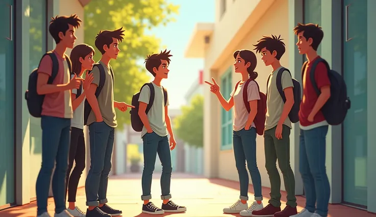 Creat realistic ai image"A group of fashionable students standing together in the college corridor, laughing and mocking Aryan. One of them, a tall boy with stylish hair, points at Aryan’s old sneakers, while another girl in trendy clothes giggles. Aryan, ...