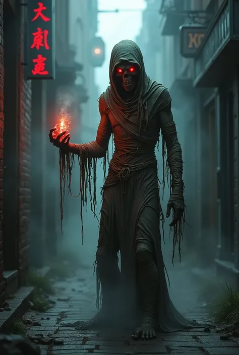 a zombie in mummy clothes with glowing red eyes and in his right hand holding a cigarette and in his left hand holding a glowing red crystal in a smoky alley with the text Crystal Blodz