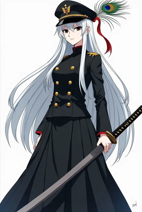 A tall albino woman, she has long white hair, white skin, black eyes, she wears a black commander-in-chief uniform, but not pants, a long black skirt, she has a long katana in her left hand, she looks serious, a peacock feather dangles from her hat, sharp-...