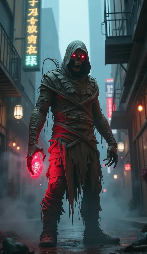 a zombie in mummy clothes with glowing red eyes and in his right hand holding a cigarette and in his left hand holding a glowing red crystal in a smoky alley style cyberpunk