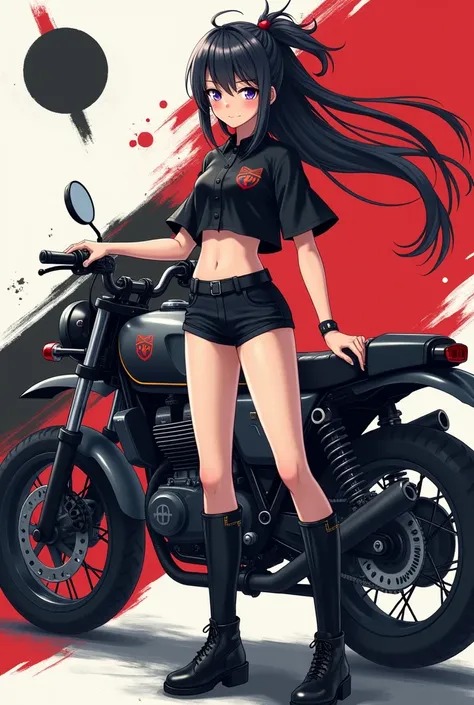 Anime costume of short shorts short blouse short sleeve long black boots all colors black red and white with a teenage motorcycle flag long black hair tied in a ribbon