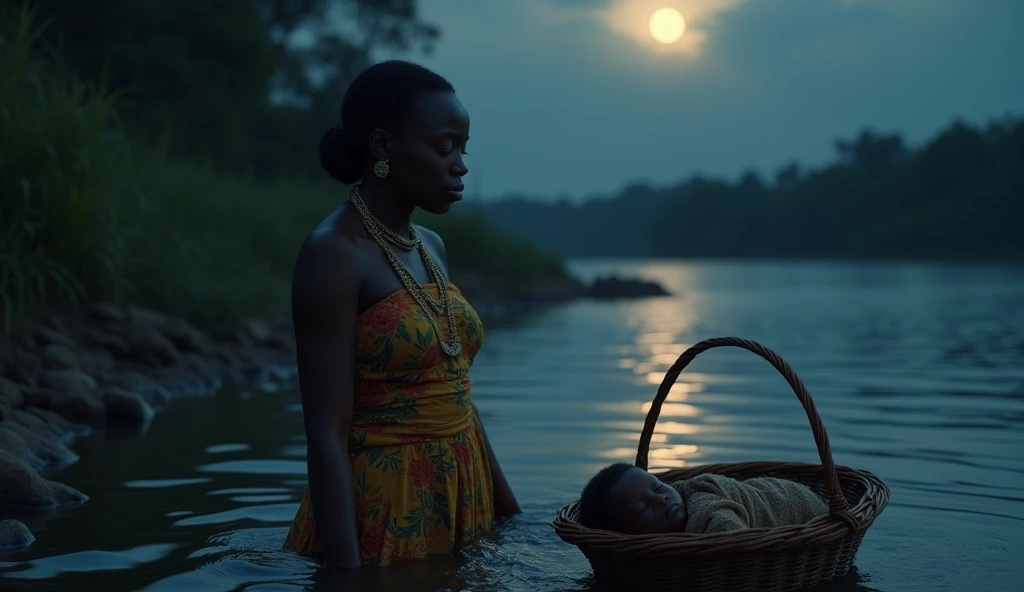 A beautiful Nigerian woman placing her baby inside a basket  and putting the basket in a flowing river at night. She stands and watches the basket flow away