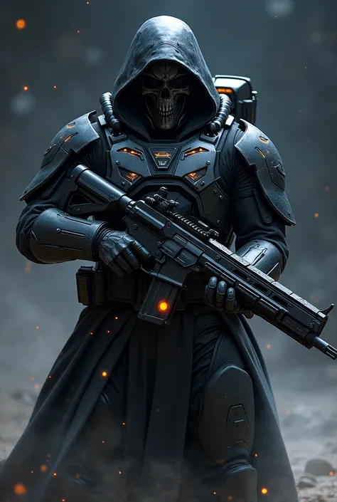 Create a space soldier wearing black Halo Spartan armor with a hooded skull mask.Foot model 