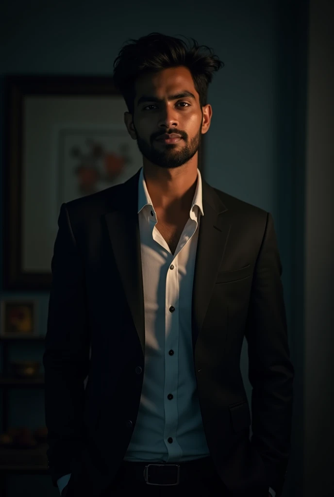 Create a highly realistic portrait of a 21-year-old Bangladeshi man standing in a dark room. He should be wearing a black blazer and awhite shirt. The lighting should be dramatic, with a focus on highlighting his handsome face and a light stubble giving hi...