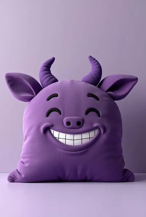 Create a realistic purple pillow image that looks like the Instagram emoticon Smiling Face with Horns, without showing the logo, that can be displayed in an online advertisement as a product.