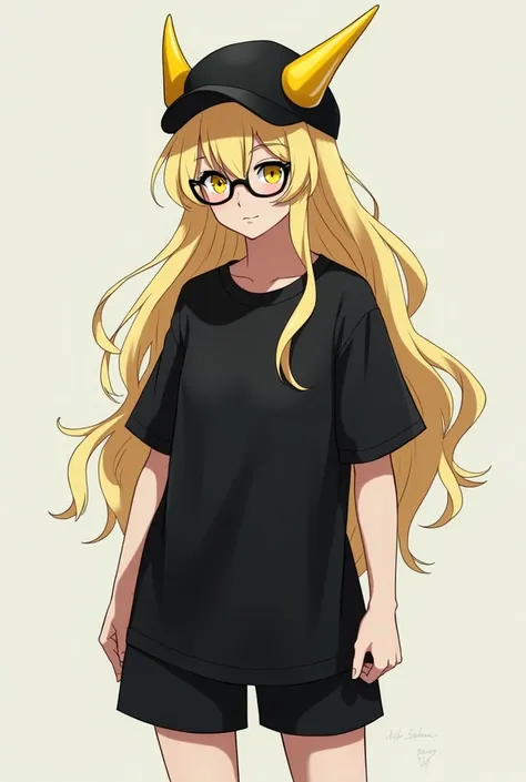 Blonde hair with bangs slightly light yellow skin long black t-shirt black glasses black cap black shorts and yellow horns 