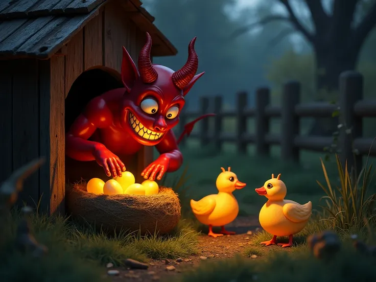 A mischievous devil, red-skinned with small horns and a wicked grin, sneaks into a peaceful farmyard under the cover of darkness. Hes reaching into a wooden nest box, stealing golden, glowing duck eggs.  adding a sinister atmosphere to the scene 