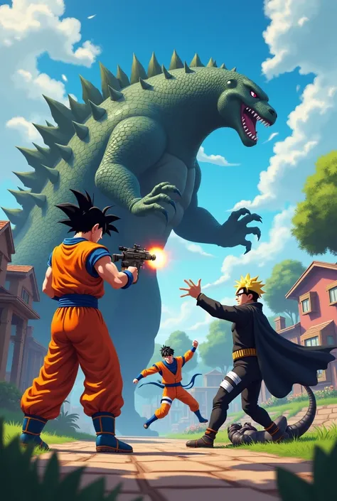 Create an image of Goku shooting Godzilla with a gun while Naruto dances to a weakened Batman on the ground in Fortnites Pleasant Park 