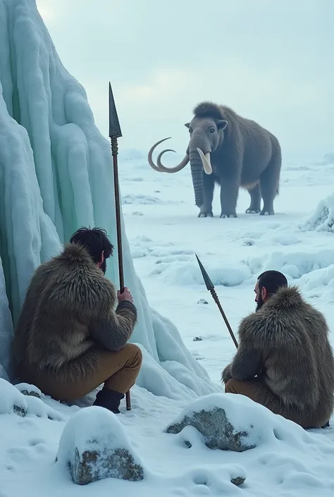 A group of early humans in thick wolf-skin clothing, crouching behind icy boulders with primitive spears, watching a massive woolly mammoth in the distance. The landscape is snow-covered with jagged ice formations, and the humans’ breath is visible in the ...